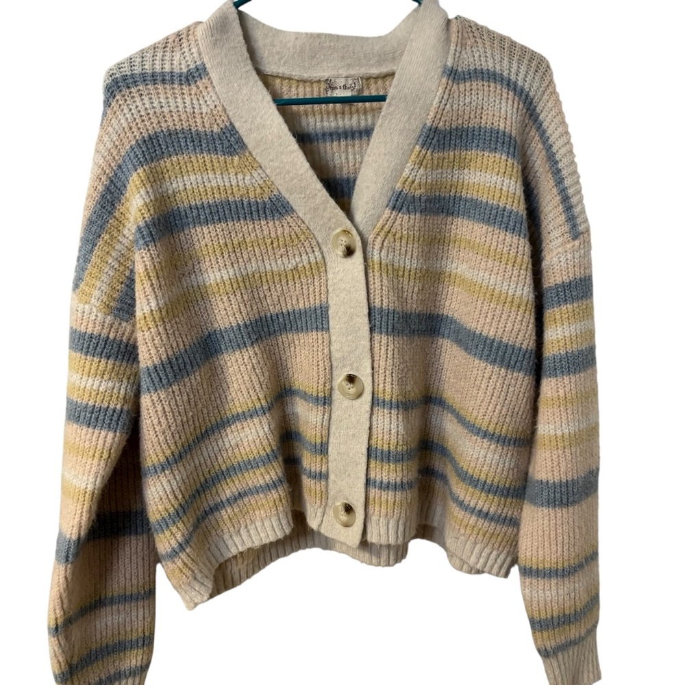 Striped Pastel Button-Up Women Cropped Ribbed Fuzzy Sweater Size Medium